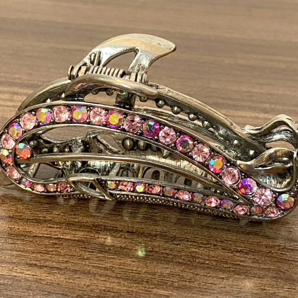 Hair Accessory Claw Clip *Dolphin* Ornate Metal with Pink Jewel Rhinestones